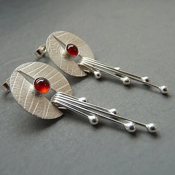 NEW Katya Handmade Silver and Red Cabochon Geometric Dangle Earrings - Picture 4 of 4